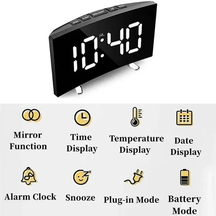 Miroir réveil numérique température Date 2 niveaux de réglage de la luminosité Snooze horloge de Table 12/24H Mode nuit