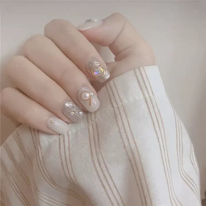 Faux ongles courts, carrés et ronds, à paillettes bleues, couverture complète, accessoires et outils