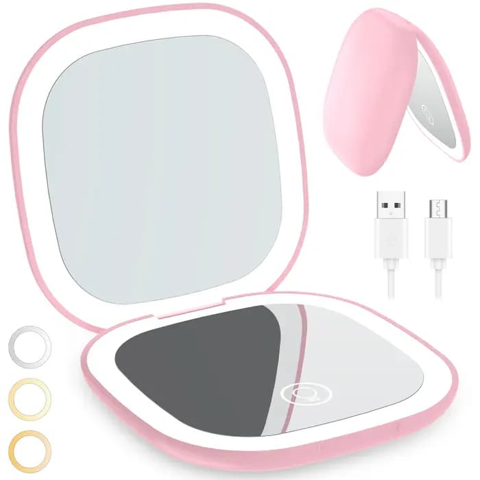 Miroir de maquillage compact LED 90 mm, à intensité variable, double face, grossissement 1X/10X, miroir de poche avec lumière, rechargeable par USB, 3 modes d'éclairage pour