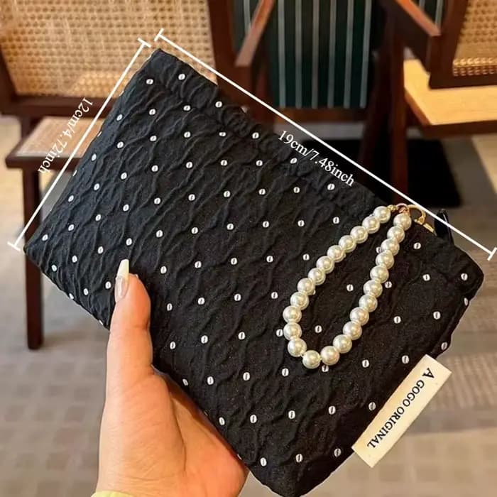 Trousse de maquillage à pois avec fermeture éclair en perles, pochette cosmétique douce avec doublur