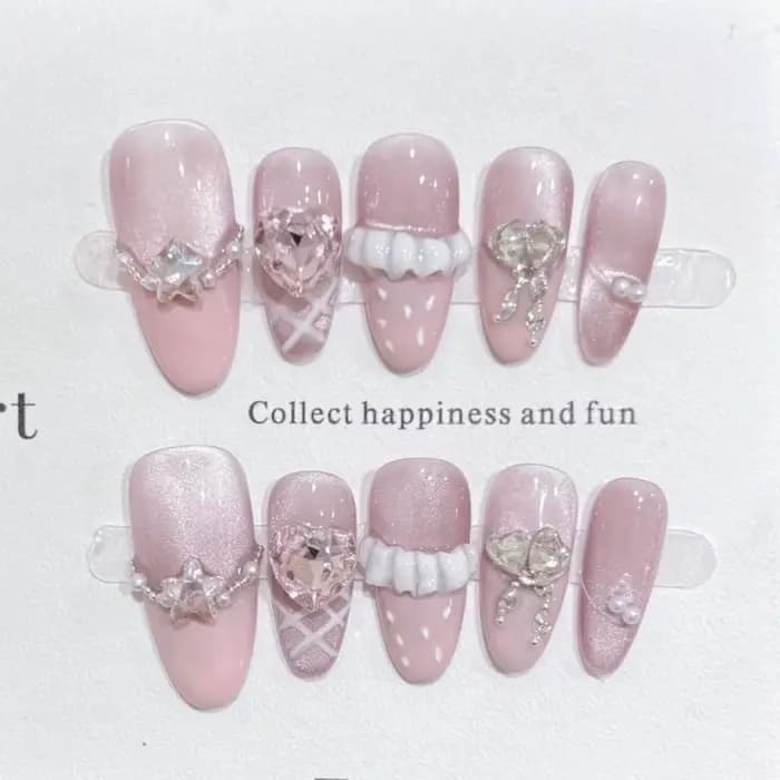 10 pièces violet oeil de chat fait à la main faux ongles conseils paillettes mi-longue ovale presse