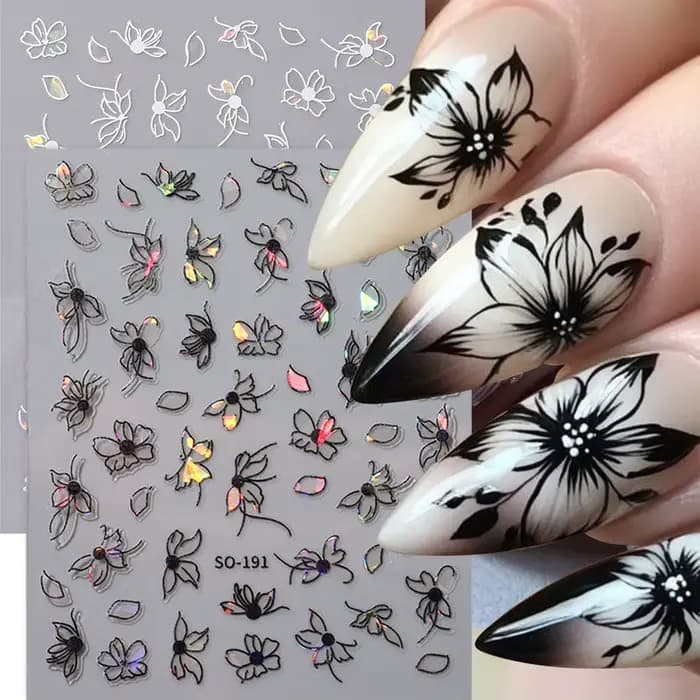2 pièces 3D Laser noir blanc fleur décalcomanies abstraite rayure fleur pétales conception autocolla