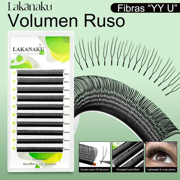 LAKANAKU 2D UU technologie Fibers forme de cils U YY cilios para extension de Volume maquillage Double conseils