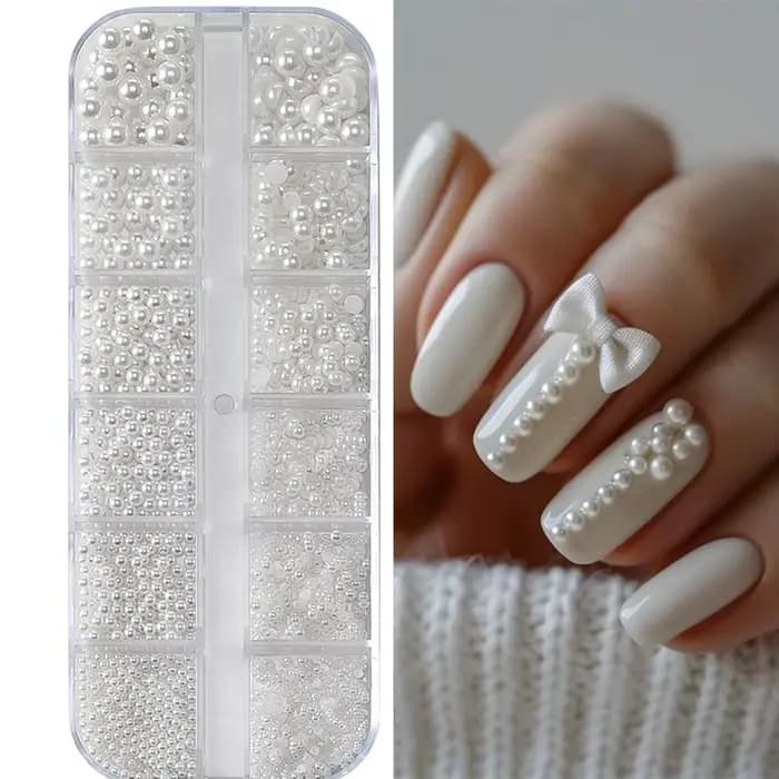 12 grilles 3D perles blanches mélangées breloques pour ongles 0.15-0.5mm perles rondes/demi-cercle N