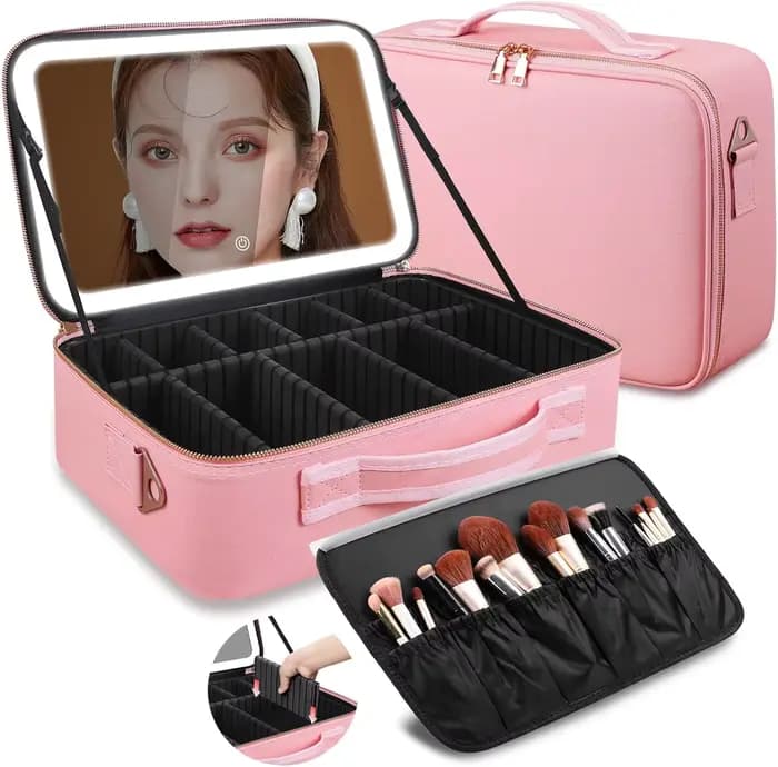 Trousse de maquillage grande capacité 15''x11'' avec miroir LED 3 couleurs, organiseur de maquillage
