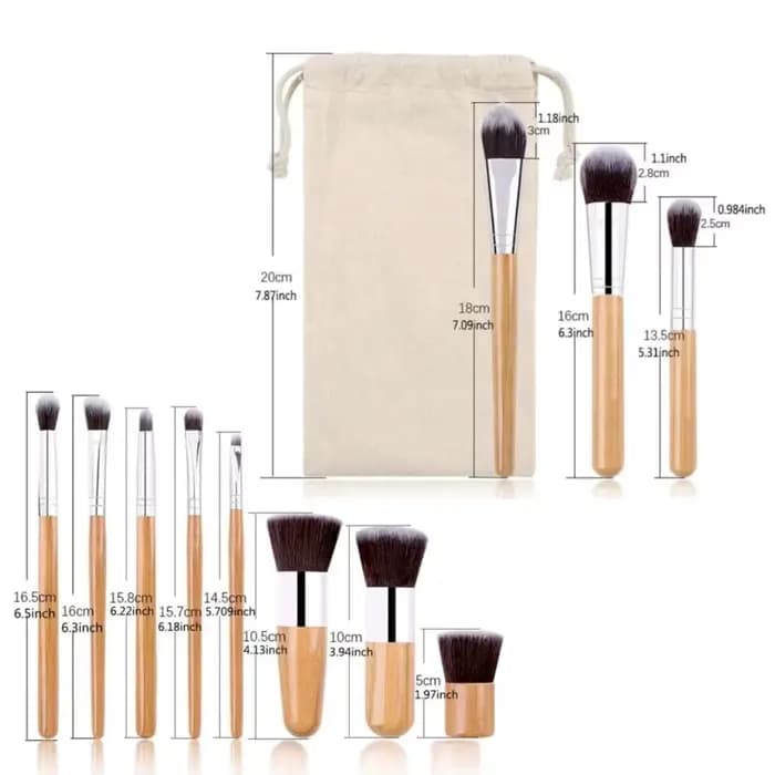 11 pinceaux de maquillage à poils souples avec manche en bambou