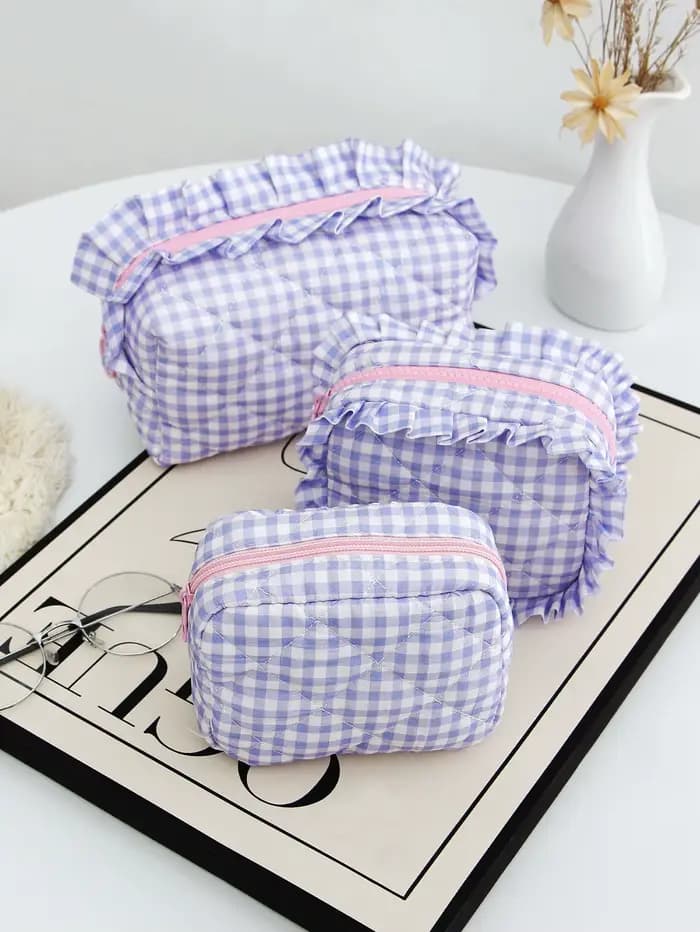 Trousse de maquillage matelassée à carreaux 1 pièce/ensemble