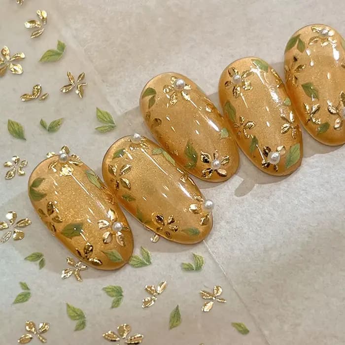 Autocollant pour ongles en feuille d'or, fleur à cinq pétales, fleurs de printemps bronzantes, suppo