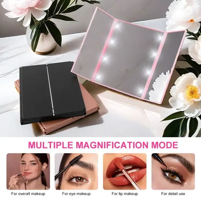 Miroir de maquillage Portable à trois côtés LED