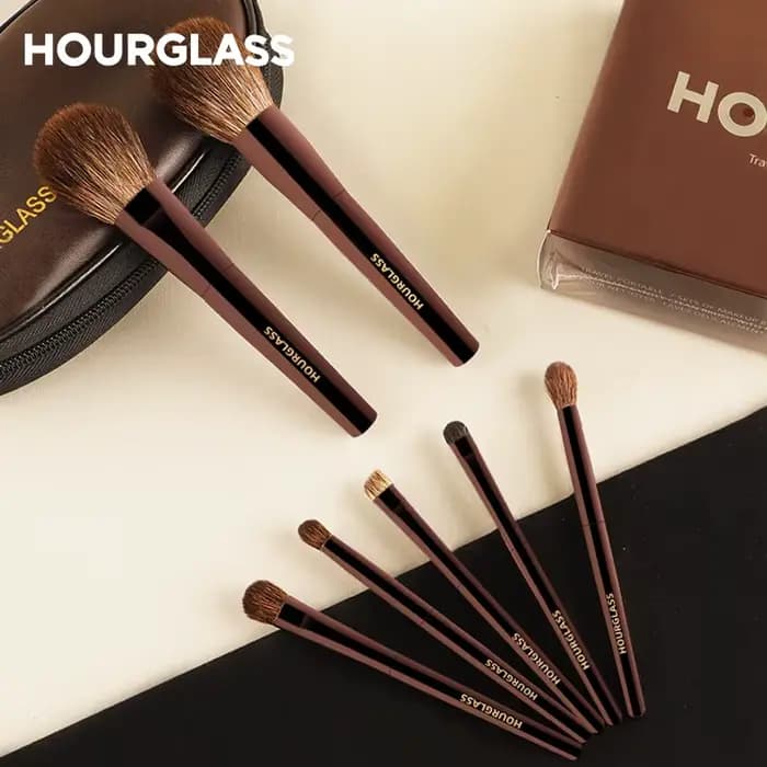 Ensemble de pinceaux de maquillage sablier, Mini brosse Portable 7 pièces, brosse en poils d'animaux doux de haute qualité comprenant fard à paupières, fard à joues, pinceau à poudre