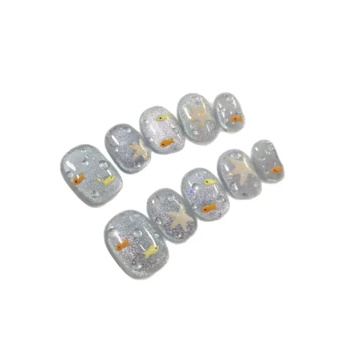 10 pièces/ensemble ongles à pression faits à la main-bleu brillant poisson et bulles conception faux