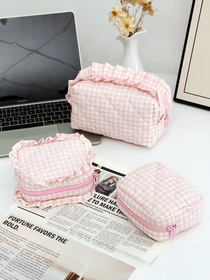 Trousse de maquillage matelassée à carreaux 1 pièce/ensemble