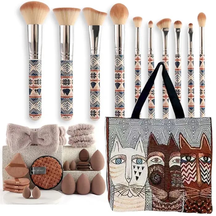 Ensemble d'outils de maquillage 30 pièces - 9 pinceaux + 20 houppettes + 1 sac de voyage - Trousse cosmétique tout-en-un