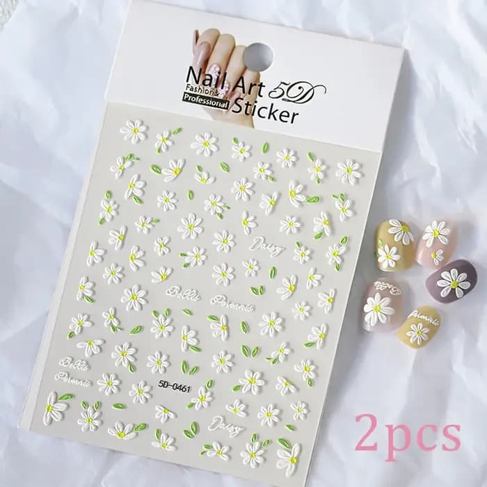 2 pièces 5D blanc marguerite Design Nail Art autocollants en relief