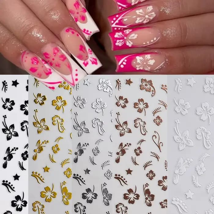Autocollant en relief pour ongles, fleur d'hibiscus 5D, fleur en dentelle, pétale blanc rose, Floral