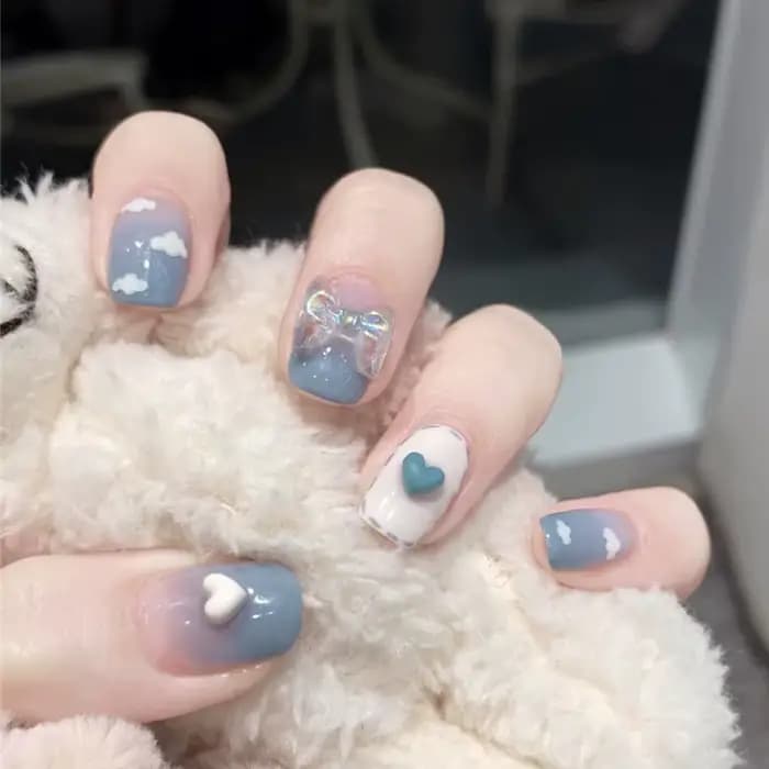 Faux ongles courts, carrés et ronds, à paillettes bleues, couverture complète, accessoires et outils