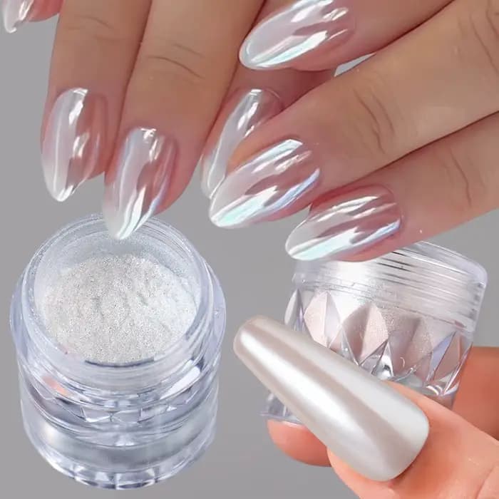 Poudre à ongles en forme de perle chromée blanche, 1 boîte, miroir aurore, Pigment pour Nail Art, effet féerique rose, scintillant, décoration pour Nail Art