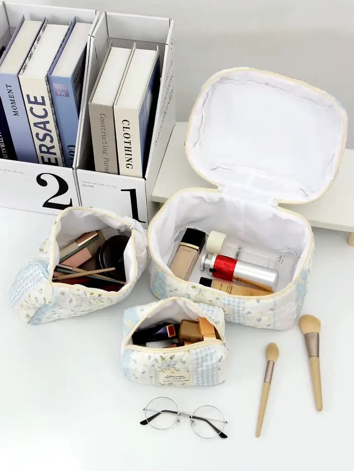 1 pièce/ensemble trousse de maquillage matelassée patchwork bleu
