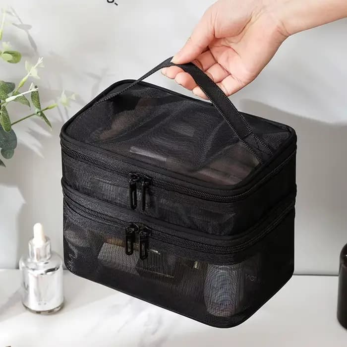Trousse cosmétique de voyage en maille transparente pour femme