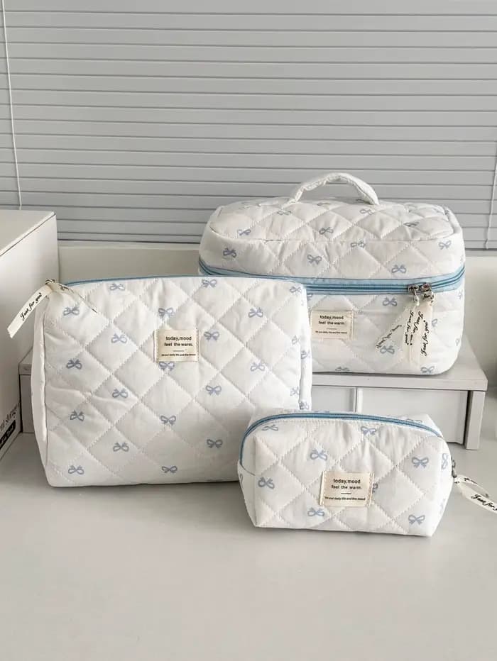 Trousse de toilette rétro polyvalente YT avec motif à carreaux rouge et bleu et nœud rose