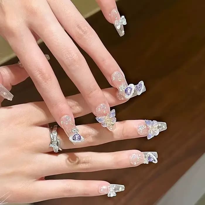 10 pièces presse à la main sur les ongles grand planète conçu faux ongles avec papillon Art paillett