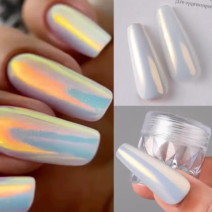Poudre à ongles en forme de perle chromée blanche, 1 boîte, miroir aurore, Pigment pour Nail Art, effet féerique rose, scintillant, décoration pour Nail Art