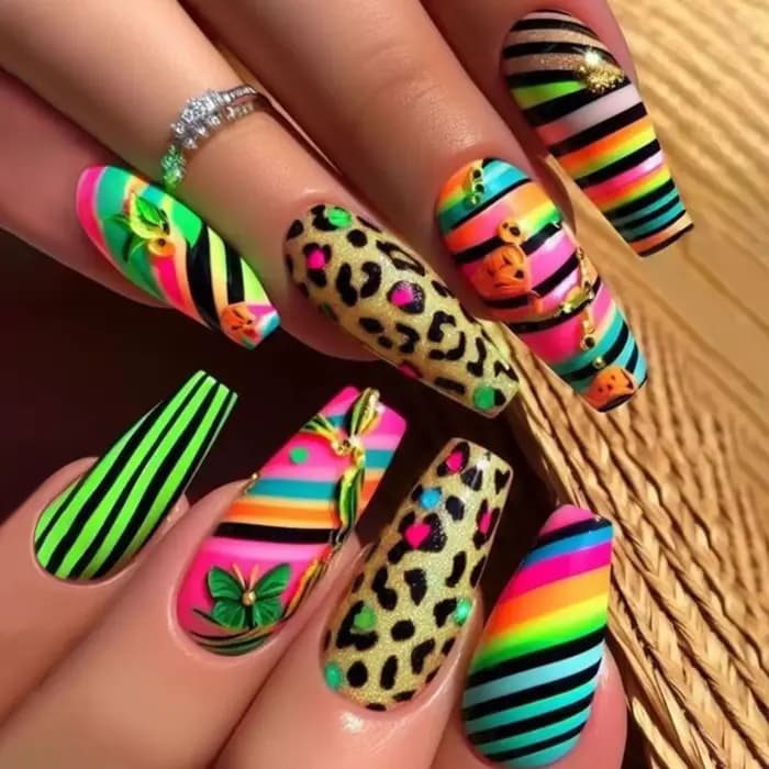 Faux ongles mi-longs pour femmes et filles Y2K, imprimé léopard dégradé coloré, pointes de cercueil