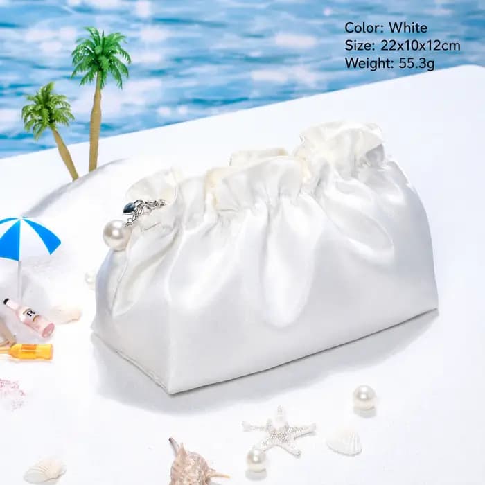 Trousse de Toilette de Voyage pour Femme Grande Capacité en Soie Satinée, Pochette Cosmétique Plissé