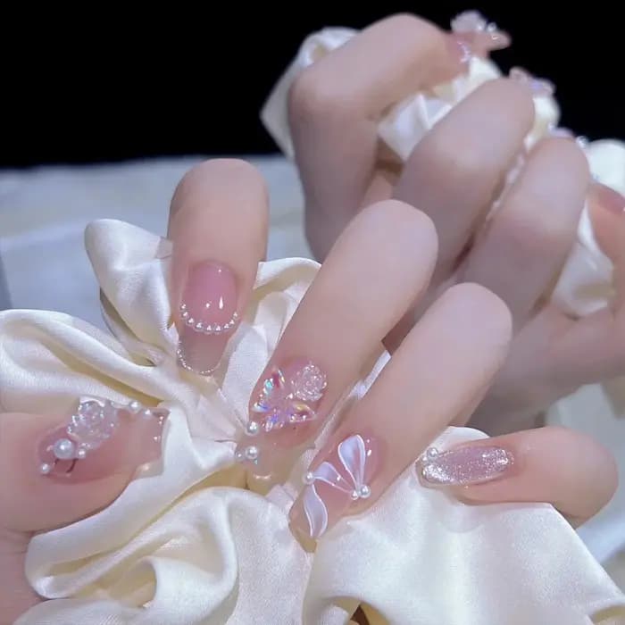 24 pièces faux ongles mi-longs 3D fleur perle conçoit couleur rose chair presse sur ongles ballerine