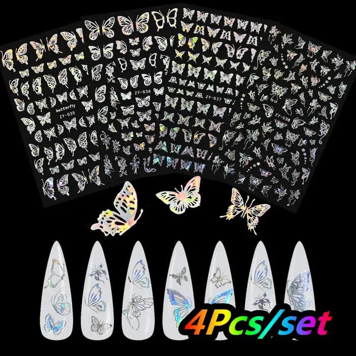 4/6 feuilles/Kit holographique arc-en-ciel amour coeur autocollant pour ongles 3D Laser