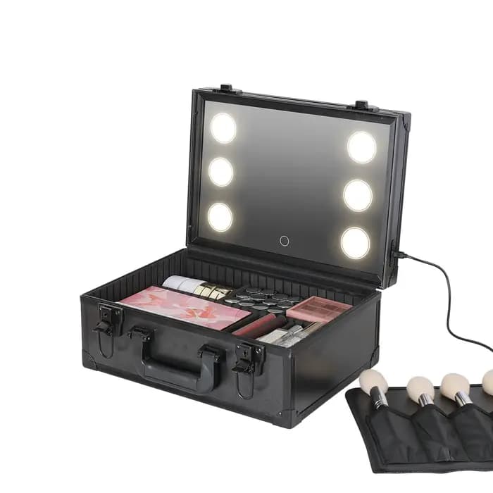 Étui éclairé de voyage pour maquillage avec grand miroir lumineux LED