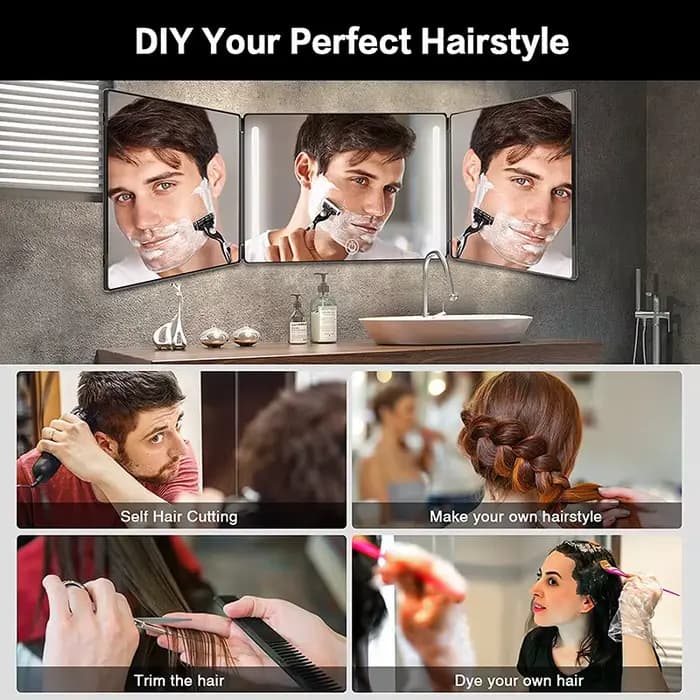 Miroir coiffure 3 voies pliable à 360° avec éclairage LED