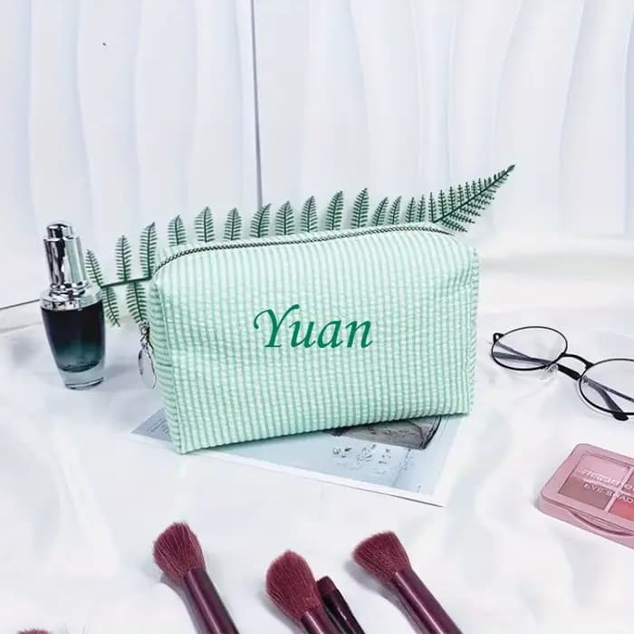 Trousse de toilette de voyage à rayures brodées personnalisées - Rangement cosmétique portable en polyester pour