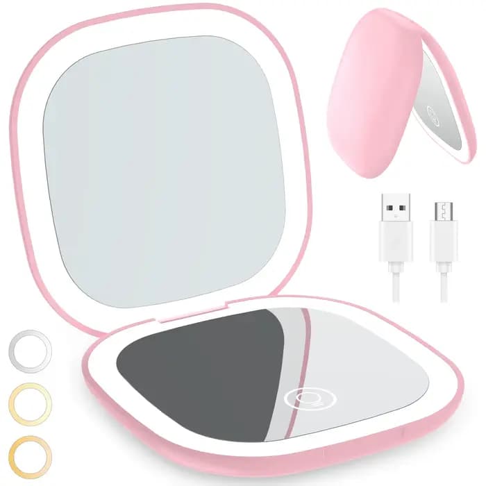 Miroir de maquillage compact LED 90 mm, à intensité variable, double face, grossissement 1X/10X, mir