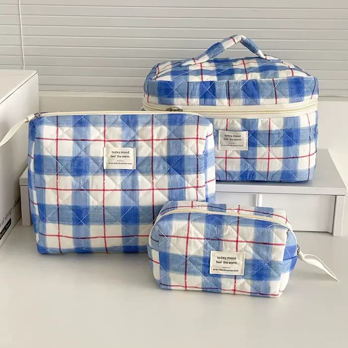 Trousse de toilette rétro polyvalente YT avec motif à carreaux rouge et bleu et nœud rose