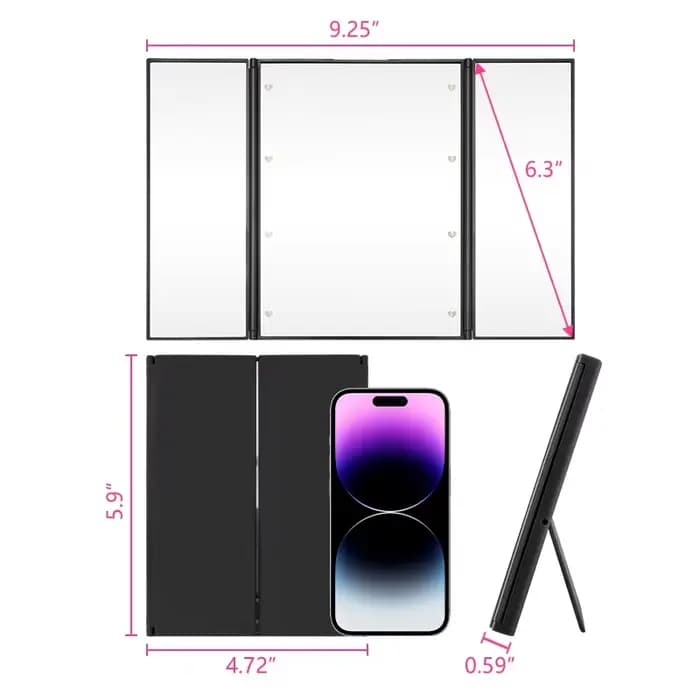 Miroir de maquillage Portable à trois côtés LED