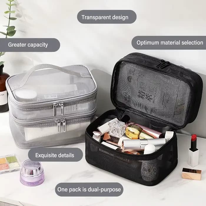 Trousse cosmétique de voyage en maille transparente pour femme