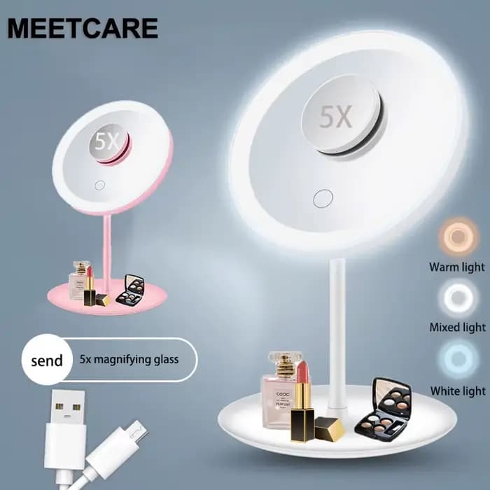 Miroir de maquillage LED Miroir de vanité USB détachable, 3 couleurs réglables avec 1 loupe 5X, rangement, Base rotative de bureau