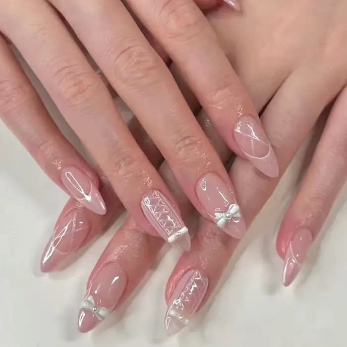 Presse française blanche sur les ongles, modèles de nœud papillon 3D, couleur chair, faux ongles por