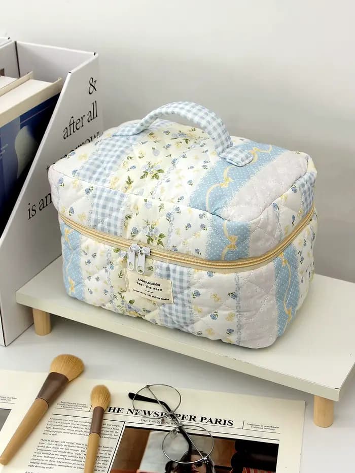 1 pièce/ensemble trousse de maquillage matelassée patchwork bleu