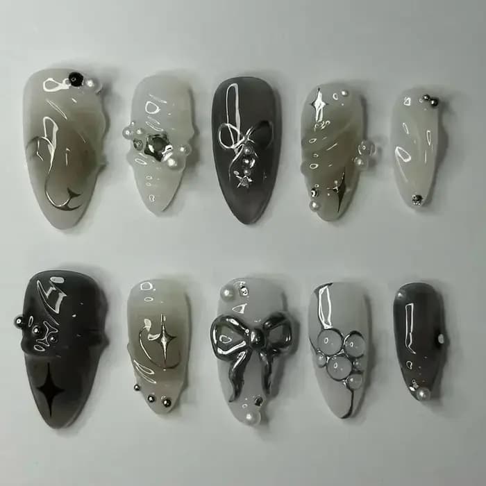 24 pièces faux ongles fille épicée arc argenté avec diamant faux ongles avec colle amande presse sur