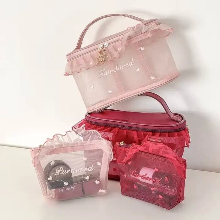 Sac de maquillage portable imperméable en dentelle brodée rose style Y2K pour l'été et la plage