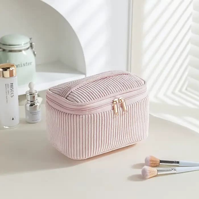 Trousse de maquillage en velours côtelé, grande capacité, trousse de toilette de voyage, broderie pe