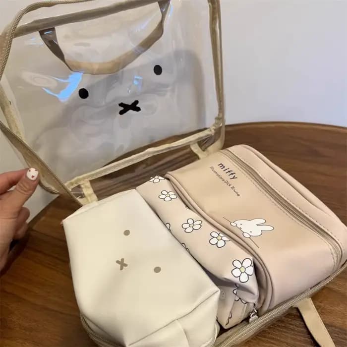 Ensemble de quatre trousses de maquillage Miffy Kawaii pour le voyage, sac de rangement portable à main, sac de classification pour articles de toilette, jouet cadeau