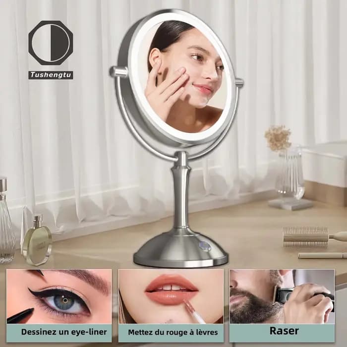 Miroir de maquillage TUSHENGTU avec éclairage, grossissement 10x, double miroir pour le maquillage, miroir cosmétique sur pied rotatif à 360 degrés