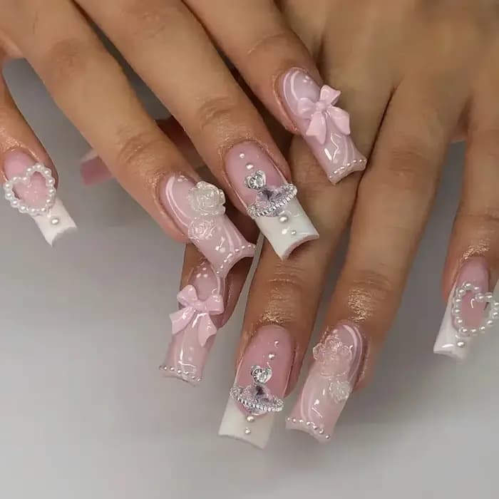 Faux ongles français longs avec colle, 24 pièces, faux ongles de Ballet, Design papillon en strass,