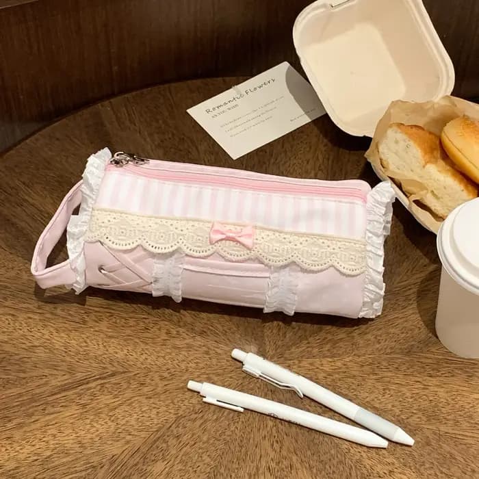 Trousse à crayons en dentelle mignonne pour fille, grande capacité, rangement de bureau, sac à stylo