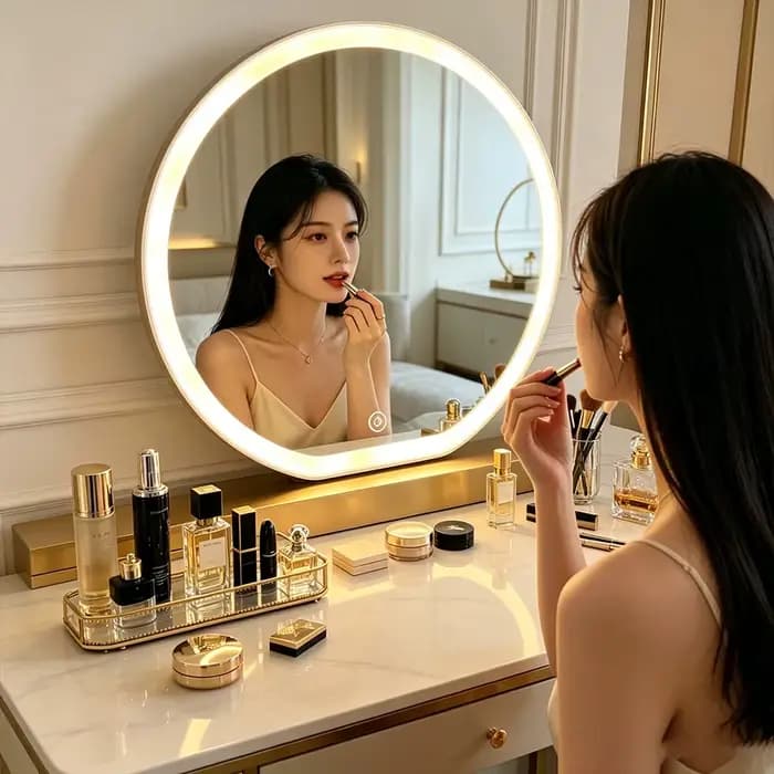 Miroir de maquillage rond à LED avec bouton tactile intelligent