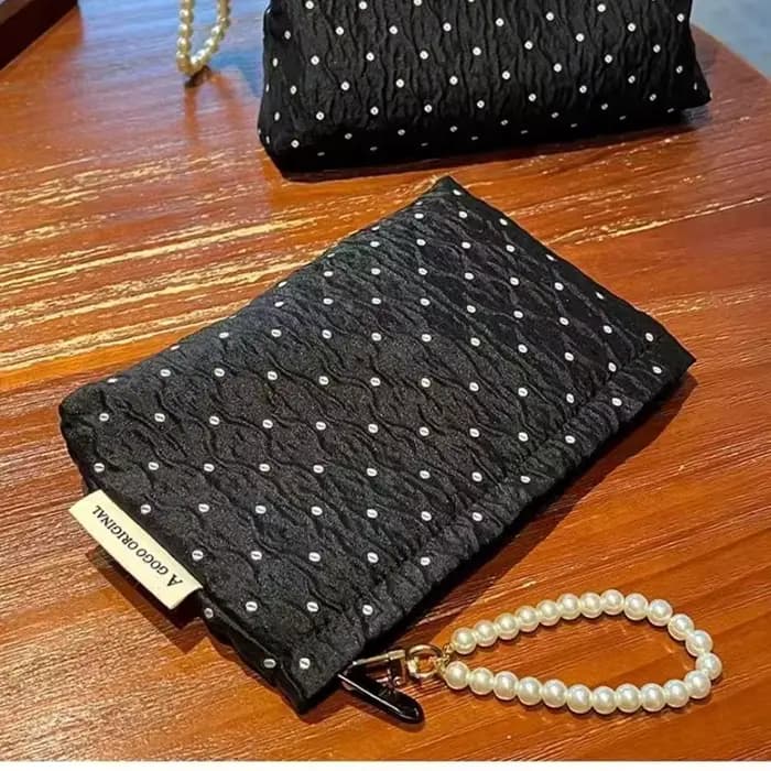 Trousse de maquillage à pois avec fermeture éclair en perles