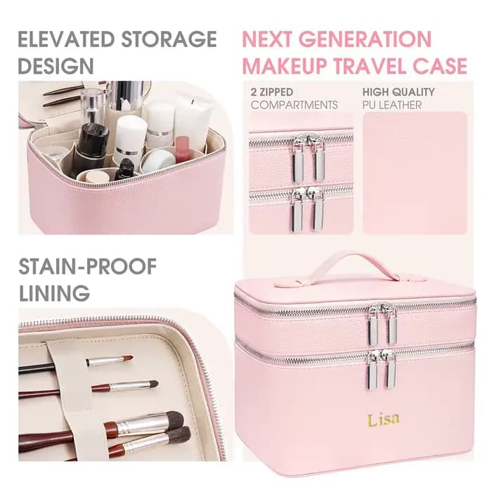 Trousse de maquillage professionnelle portable double couche avec nom personnalisé